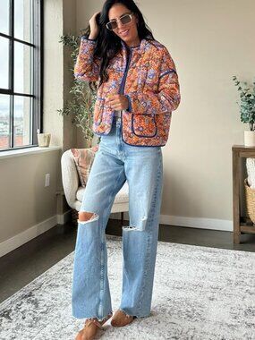 Womens Floral Quilted Jacket Medium Orange Blue Lightweight Puffer Coat Boho Poc